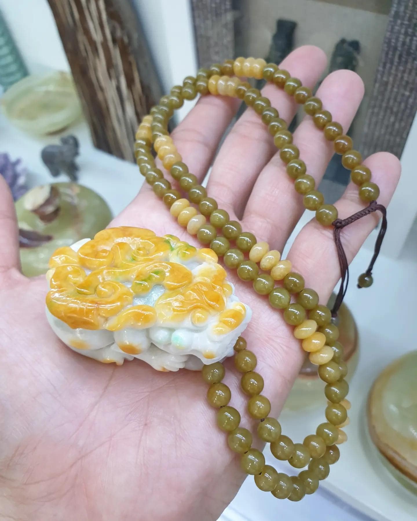 Vintage Jade Pixiu on Honey Jade beaded Necklace (26") | Fei Cui Type A Jadeite | His or Hers Statement Jewelry