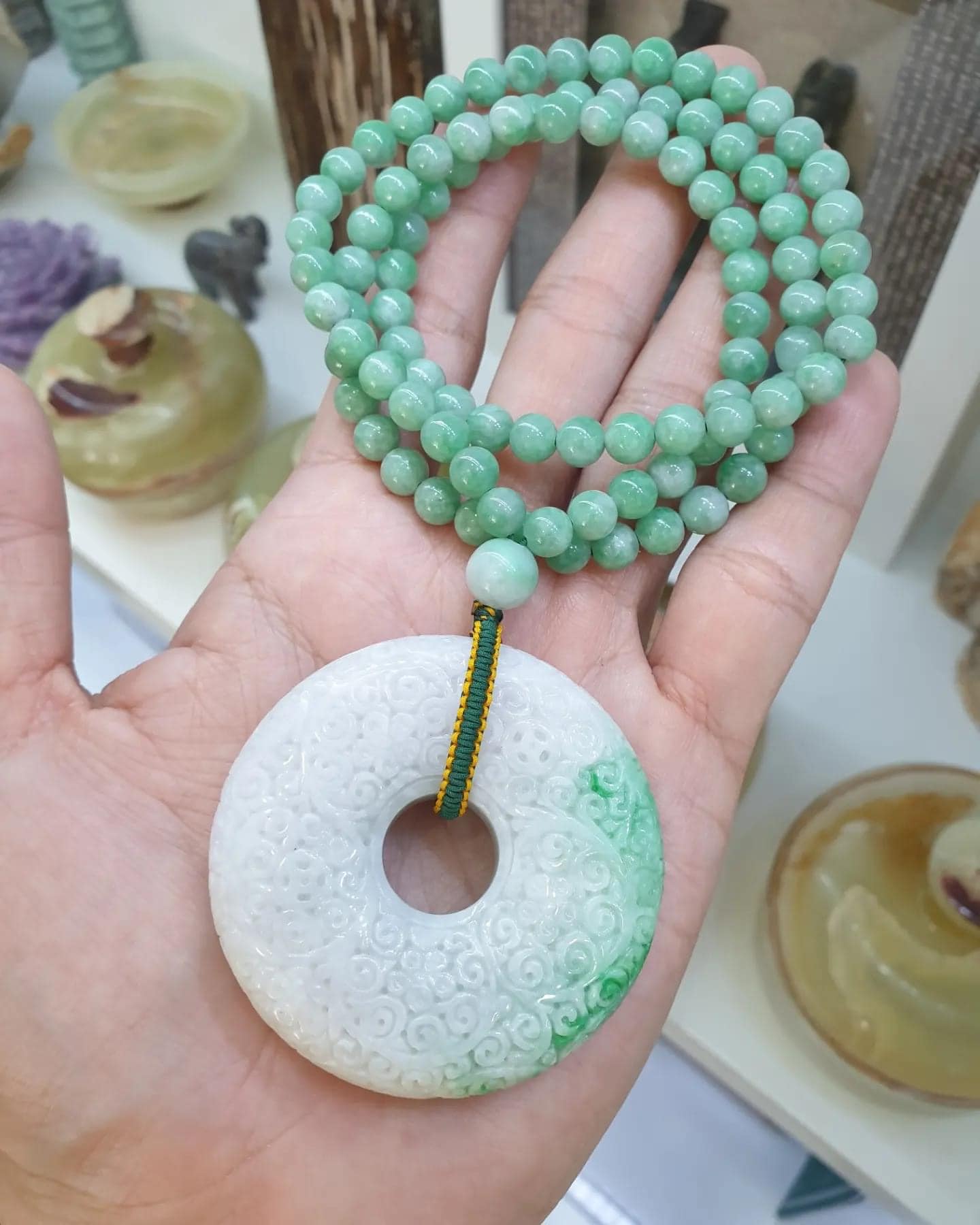 Ru Yi - Bi Disc on Jade Beaded Necklace (24") | Fei Type A Jadeite | His or Hers Statement Jewelry