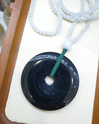 Black Jade Ping An Kou on Icy White Jade beaded Necklace (24") | Original Type A Jade | His or Hers Fortune Necklace