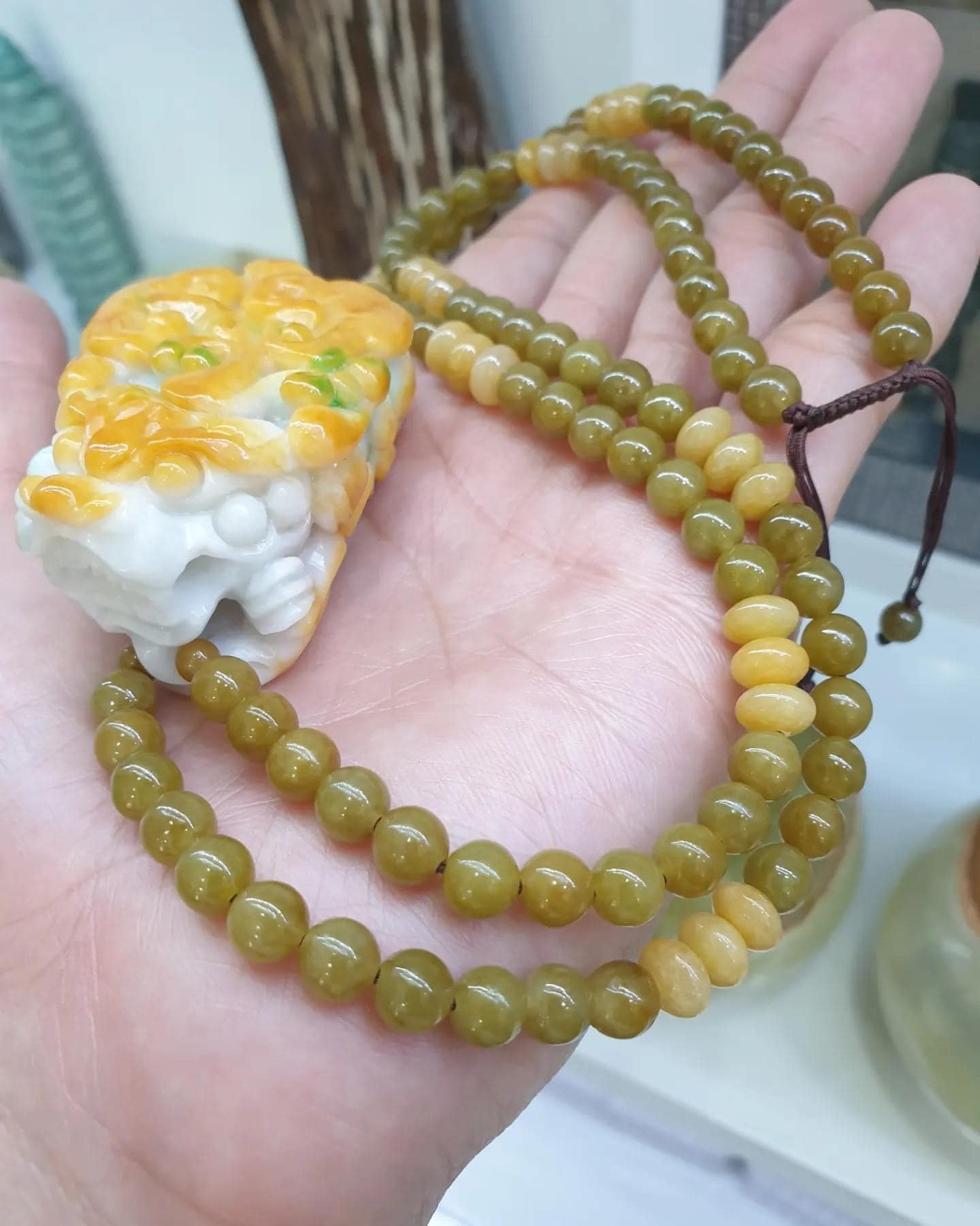 Vintage Jade Pixiu on Honey Jade beaded Necklace (26") | Fei Cui Type A Jadeite | His or Hers Statement Jewelry