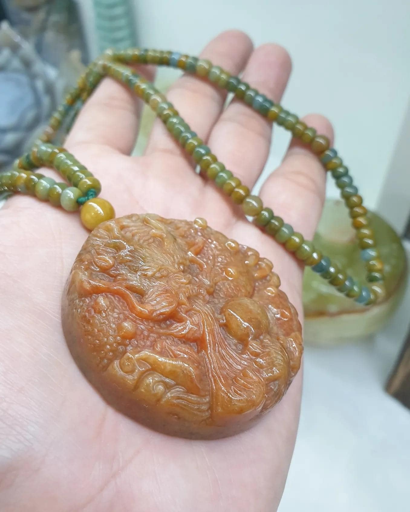 Red Jade Dragon on Abacus Beaded Necklace (24") | Fei Cui Type A Jadeite | His or Hers Statement Jewelry