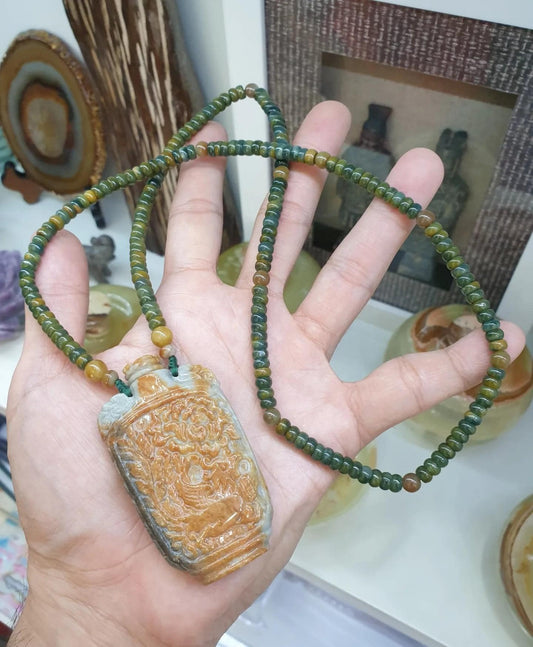 Dragon Phoenix Jade SnuffBottle on Abacus Beaded Necklace (24") | Fei Cui Type A Jadeite | His or Hers Statement Jewelry