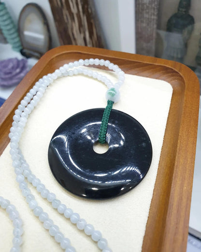 Black Jade Ping An Kou on Icy White Jade beaded Necklace (24") | Original Type A Jade | His or Hers Fortune Necklace