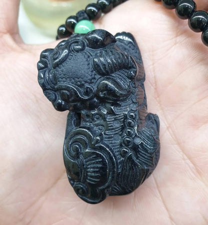 Black Jade Pixiu Beaded Necklace (23") | Fei Cui Original Jade | His or Hers Fortune Necklace