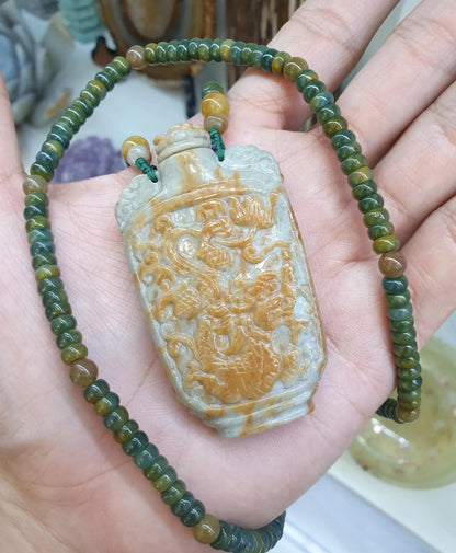 Dragon Phoenix Jade SnuffBottle on Abacus Beaded Necklace (24") | Fei Cui Type A Jadeite | His or Hers Statement Jewelry