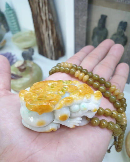 Vintage Jade Pixiu on Honey Jade beaded Necklace (26") | Fei Cui Type A Jadeite | His or Hers Statement Jewelry