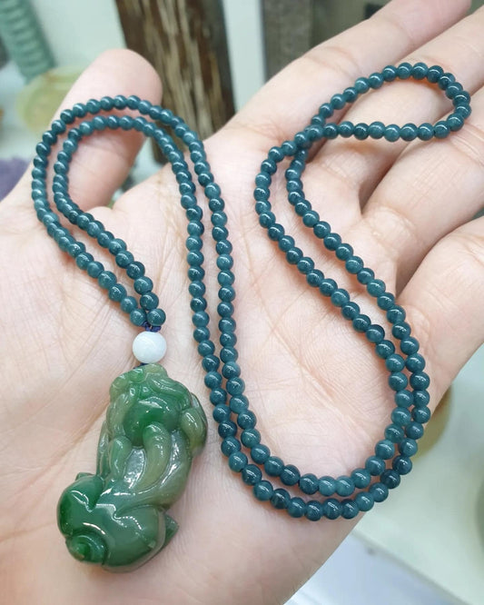 Jade Pixiu on Blue Jade beaded Necklace (24") | Fei Cui Type A Jadeite | His or Hers Fortune Necklace
