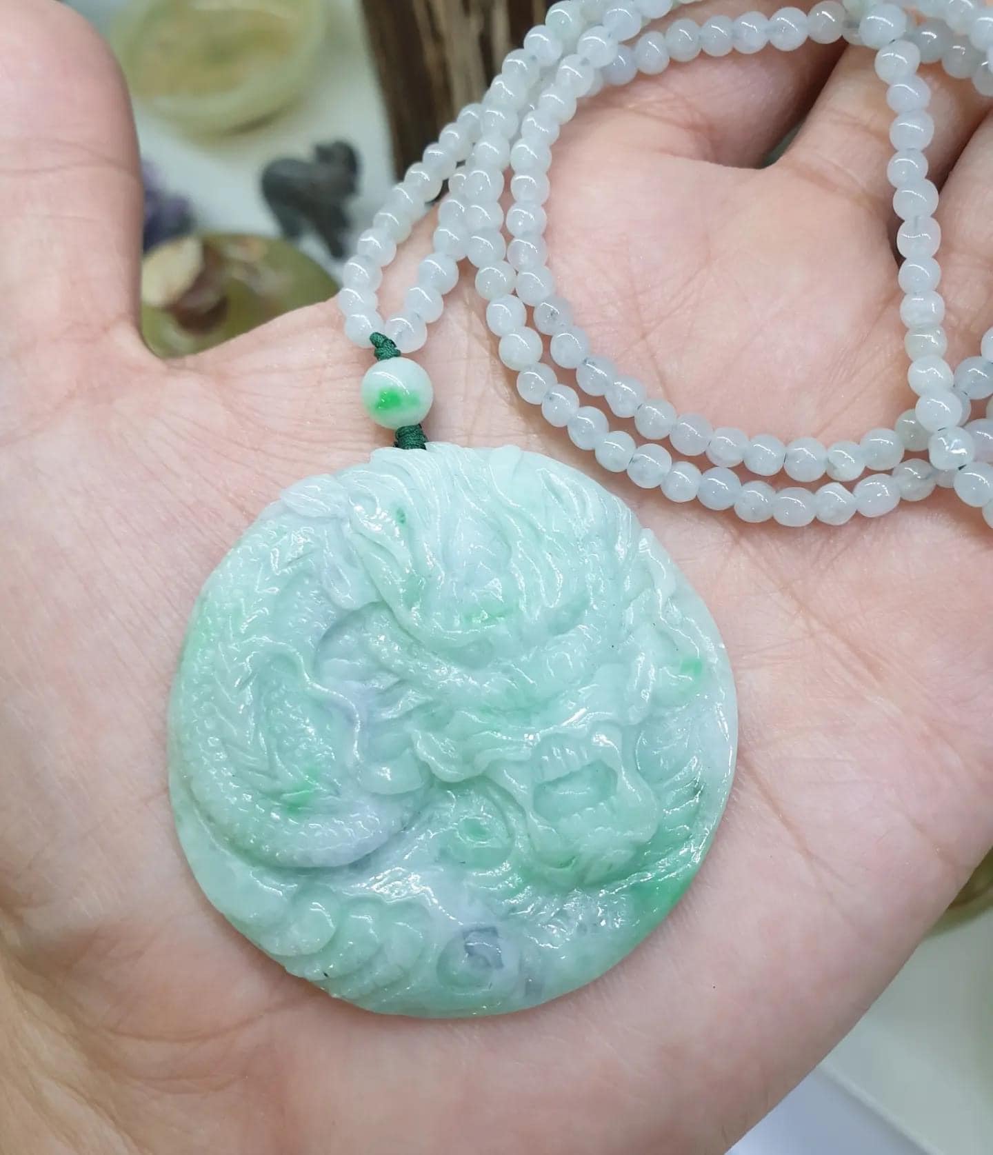 Dragon on Icy White Jade Beaded Necklace (24") | Fei Cui Type A Jadeite