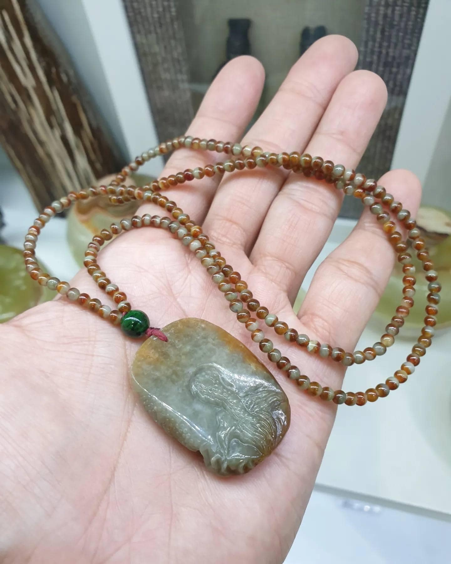 Red Jade Dragon on Two-toned Jade Beaded Necklace (24") | Fei Cui Type A Jadeite | His or Hers Fortune Necklace