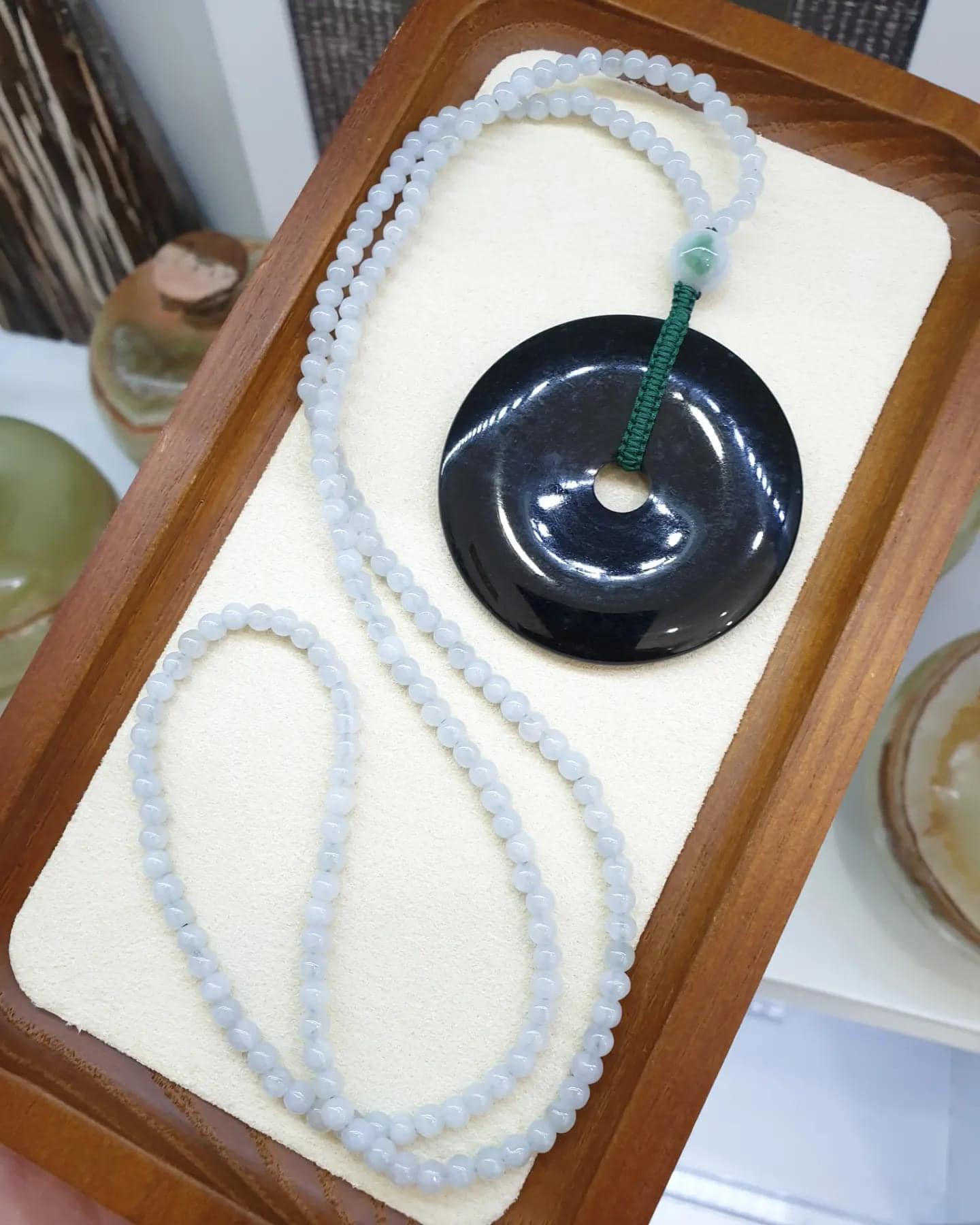 Black Jade Ping An Kou on Icy White Jade beaded Necklace (24") | Original Type A Jade | His or Hers Fortune Necklace