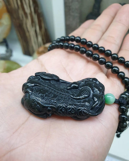 Black Jade Pixiu in Adjustable Beaded Necklace (24 inch +)
