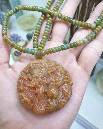 Red Jade Dragon on Abacus Beaded Necklace (24") | Fei Cui Type A Jadeite | His or Hers Statement Jewelry