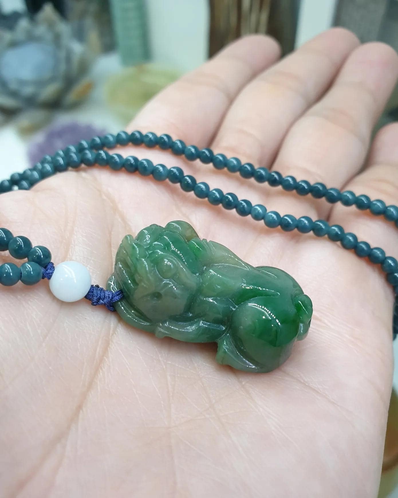 Jade Pixiu on Blue Jade beaded Necklace (24") | Fei Cui Type A Jadeite | His or Hers Fortune Necklace