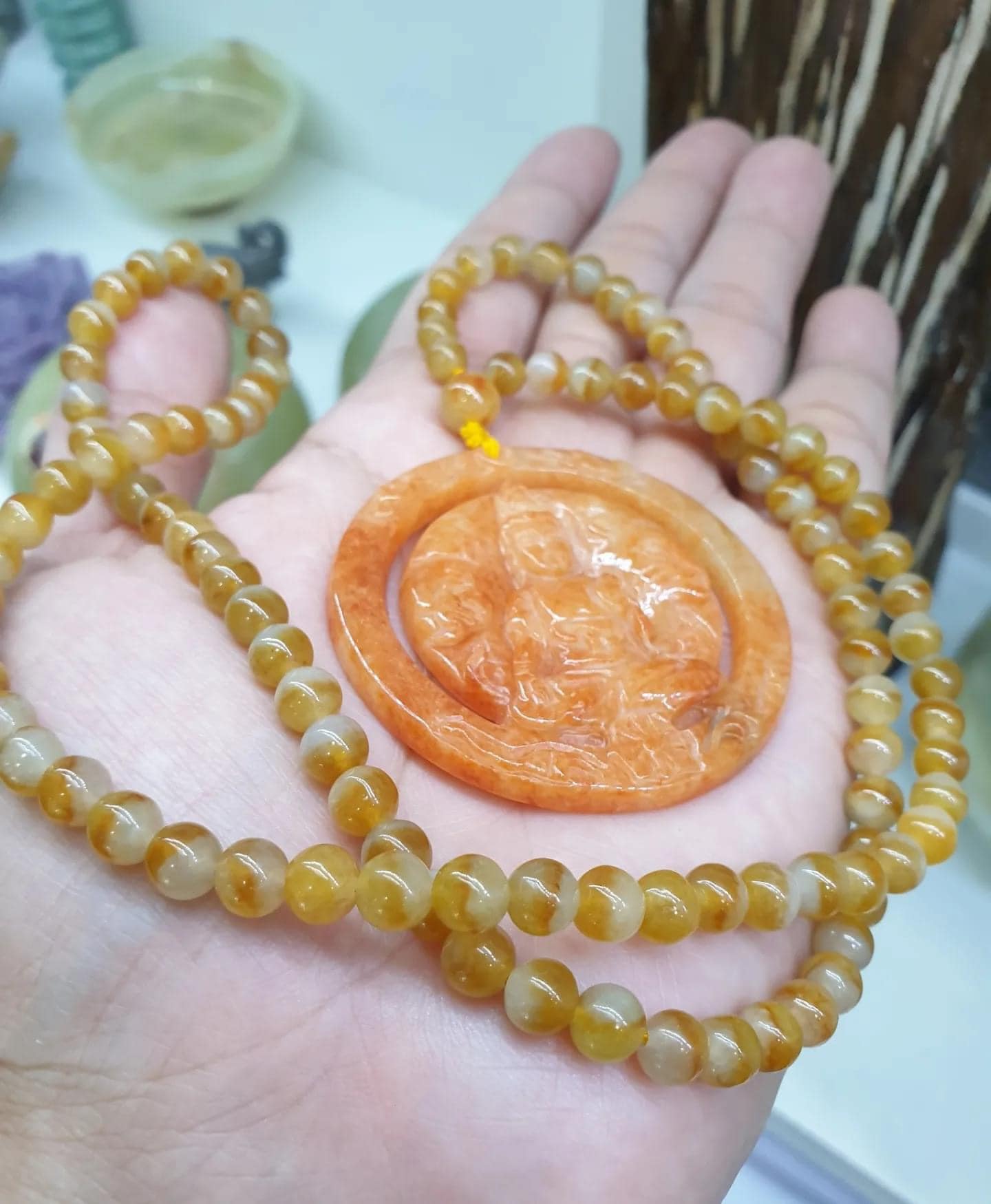 Orange Jade Guan Yin on Honey Jade Beaded Necklace (24") | Fei Cui Type A Jadeite | His or Hers Statement Jewelry