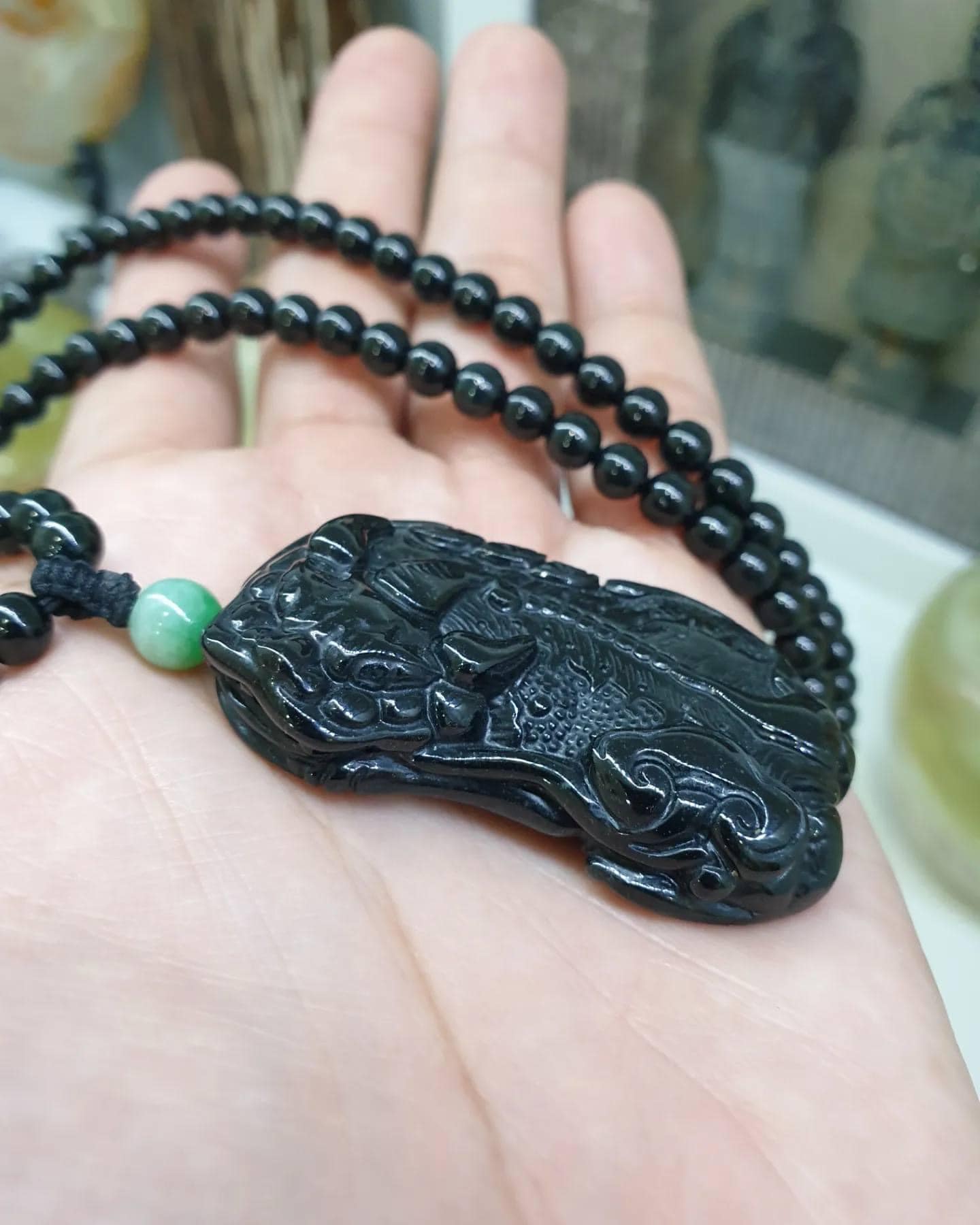 Black Jade Pixiu in Adjustable Beaded Necklace (24 inch +)