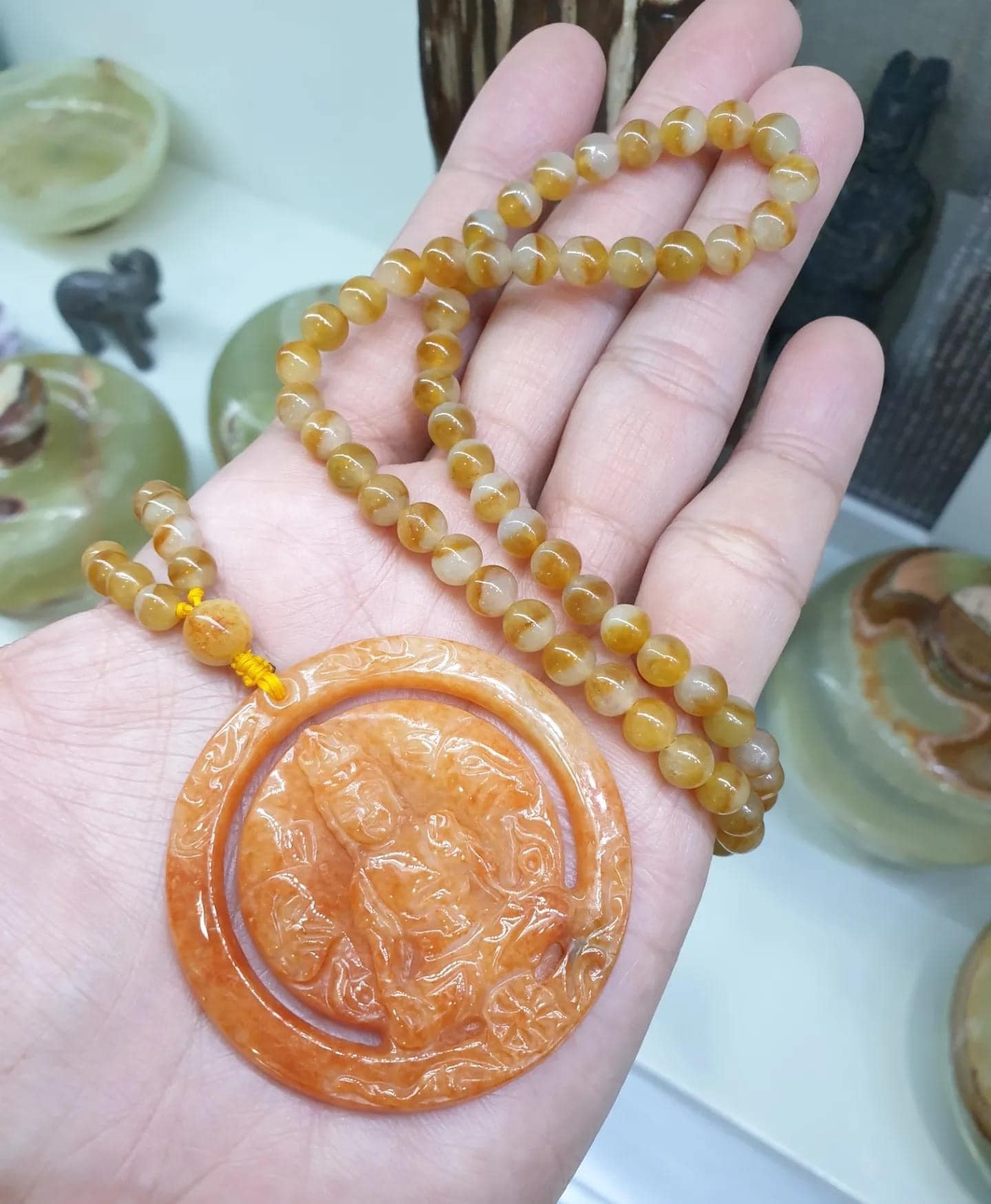 Orange Jade Guan Yin on Honey Jade Beaded Necklace (24") | Fei Cui Type A Jadeite | His or Hers Statement Jewelry