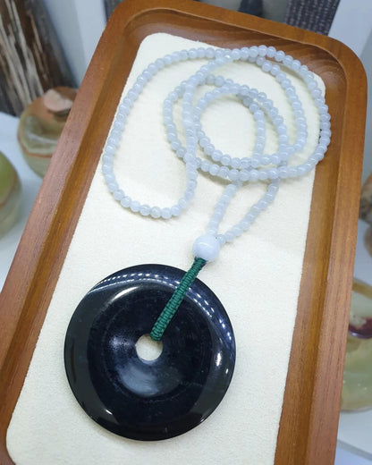 Black Jade Ping An Kou on Icy White Jade beaded Necklace (24") | Original Type A Jade | His or Hers Fortune Necklace