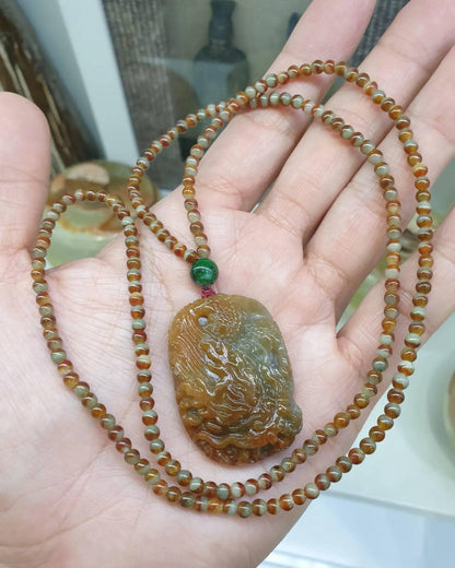 Red Jade Dragon on Two-toned Jade Beaded Necklace (24") | Fei Cui Type A Jadeite | His or Hers Fortune Necklace