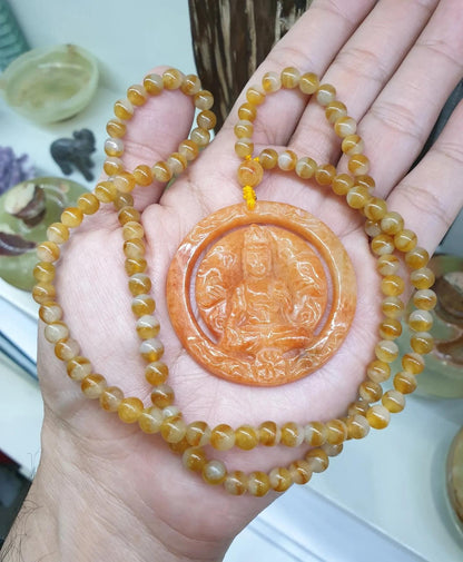 Orange Jade Guan Yin on Honey Jade Beaded Necklace (24") | Fei Cui Type A Jadeite | His or Hers Statement Jewelry
