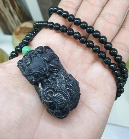 Black Jade Pixiu Beaded Necklace (23") | Fei Cui Original Jade | His or Hers Fortune Necklace
