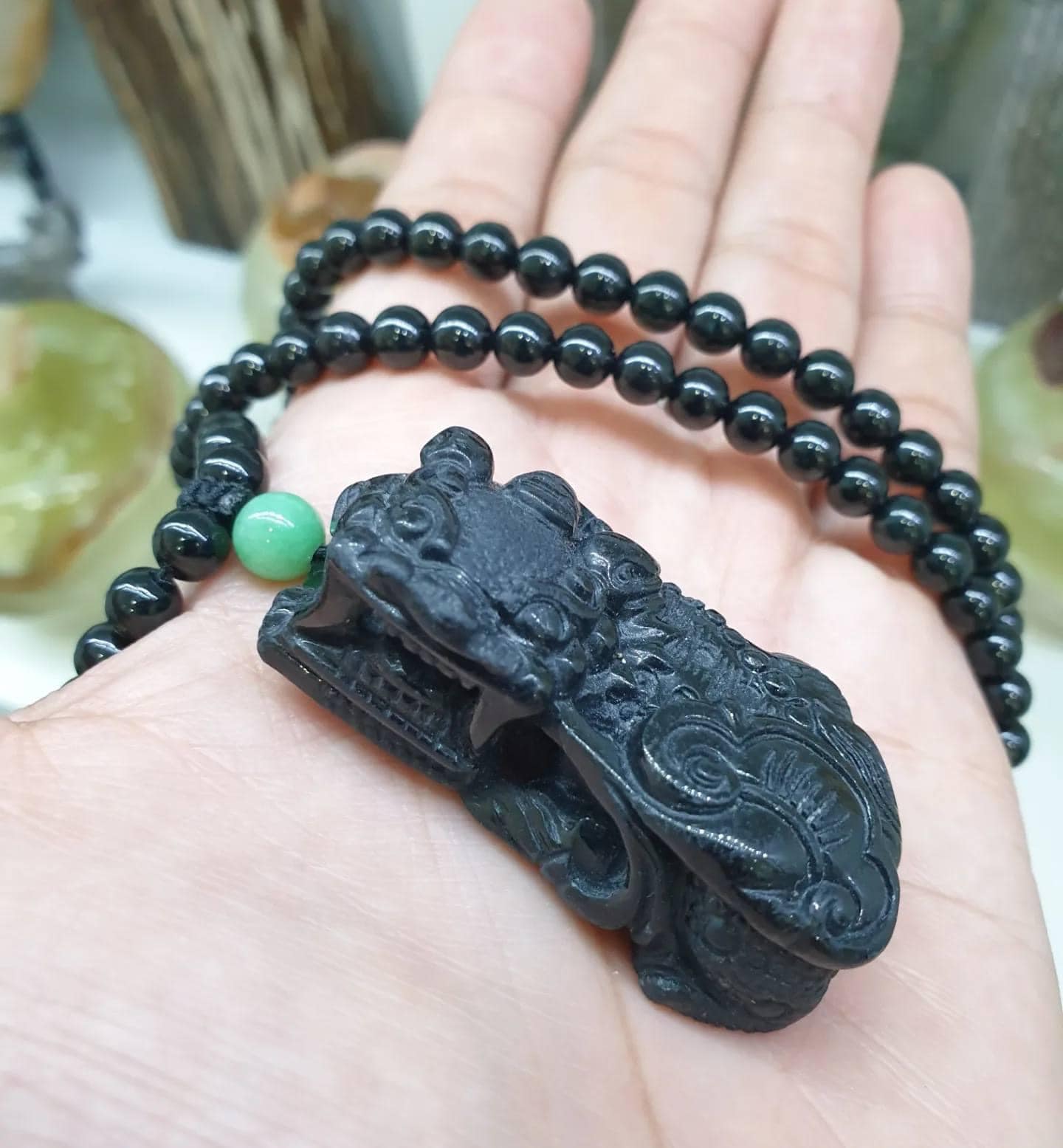 Black Jade Pixiu Beaded Necklace (23") | Fei Cui Original Jade | His or Hers Fortune Necklace