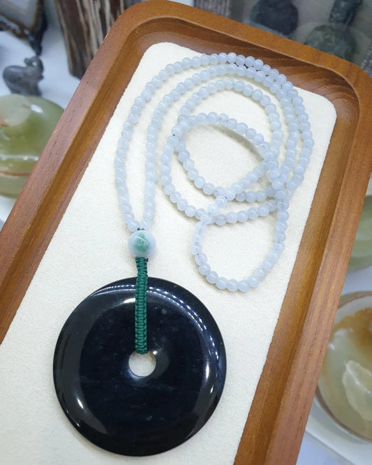 Black Jade Ping An Kou on Icy White Jade beaded Necklace (24") | Original Type A Jade | His or Hers Fortune Necklace