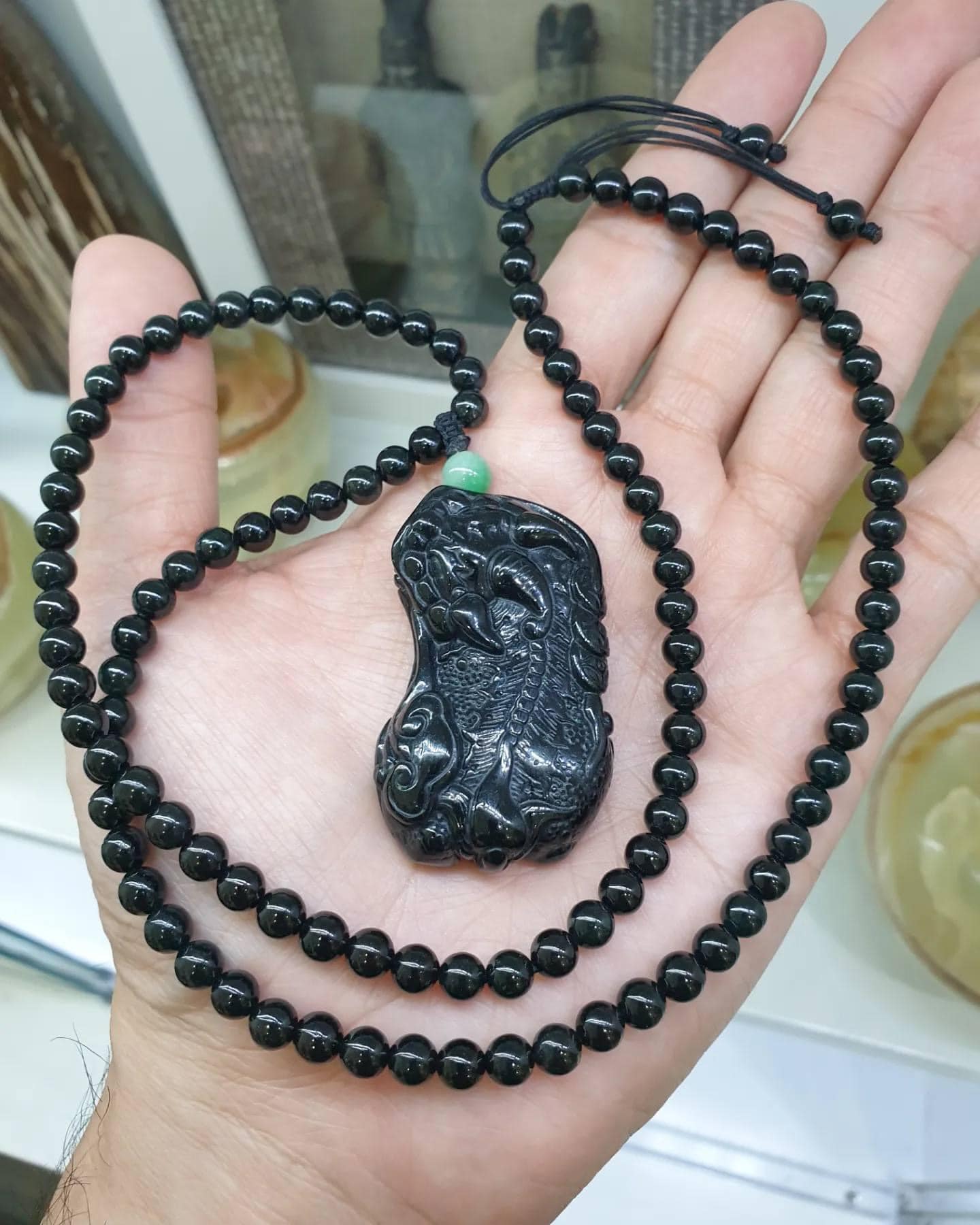 Black Jade Pixiu in Adjustable Beaded Necklace (24 inch +)