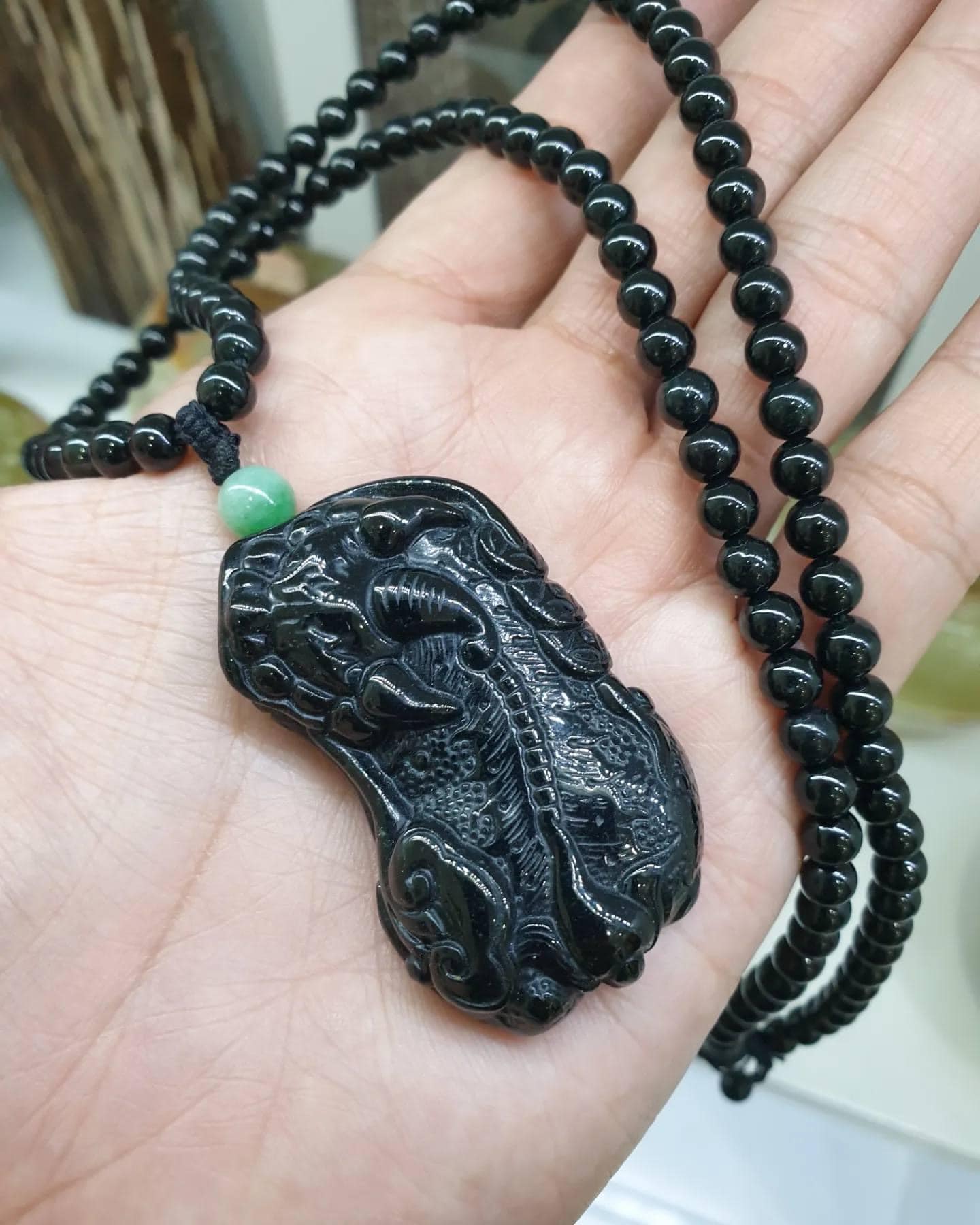 Black Jade Pixiu in Adjustable Beaded Necklace (24 inch +)