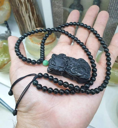 Black Jade Pixiu Beaded Necklace (23") | Fei Cui Original Jade | His or Hers Fortune Necklace