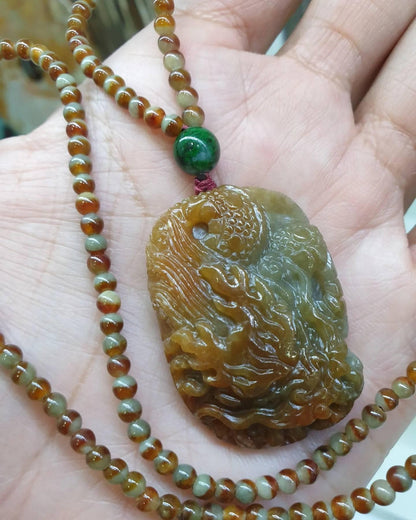 Red Jade Dragon on Two-toned Jade Beaded Necklace (24") | Fei Cui Type A Jadeite | His or Hers Fortune Necklace