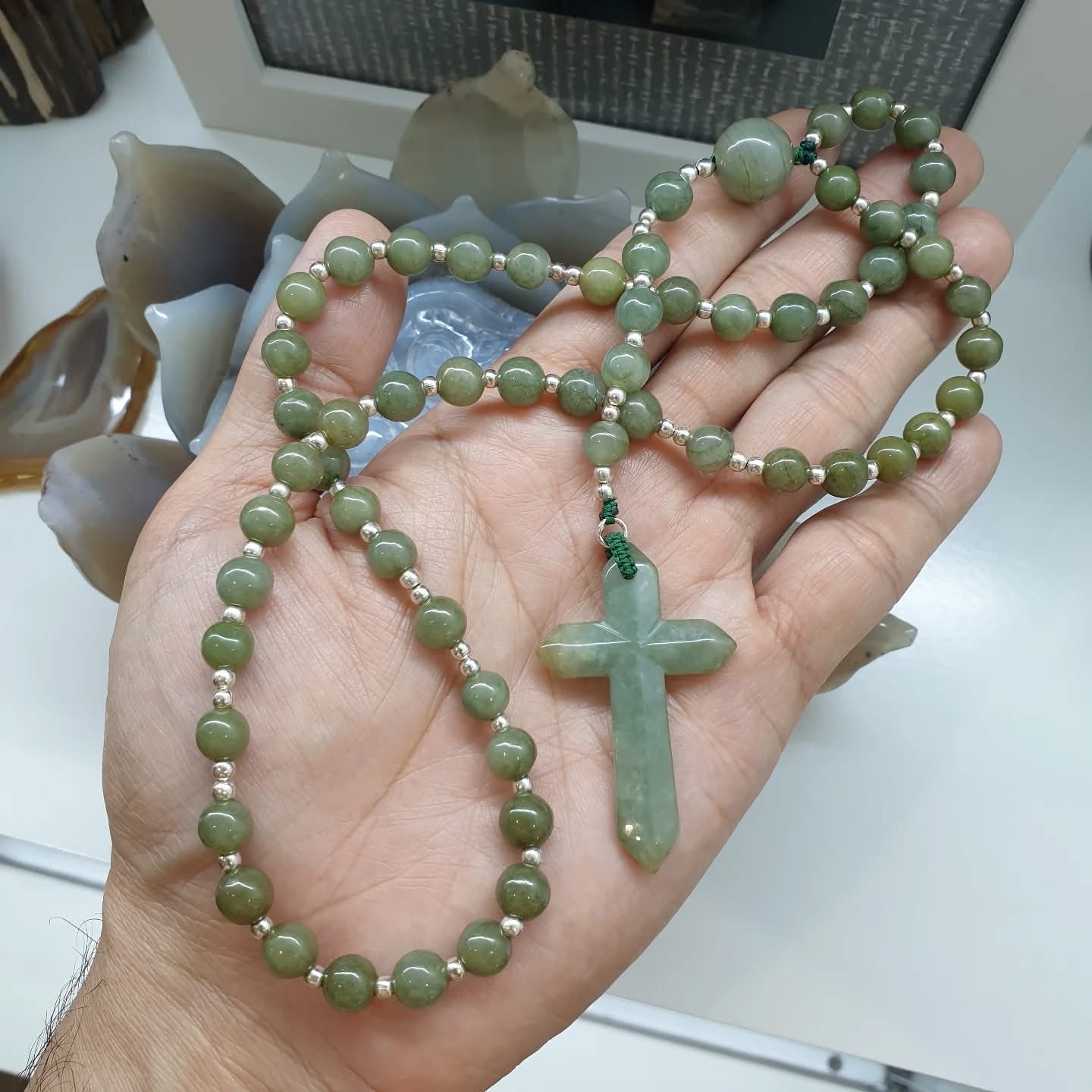 Jade Rosary Beads Necklace | Type A Natural Jadeite & Sterling Silver | Gift Idea for Him or Her 🎁