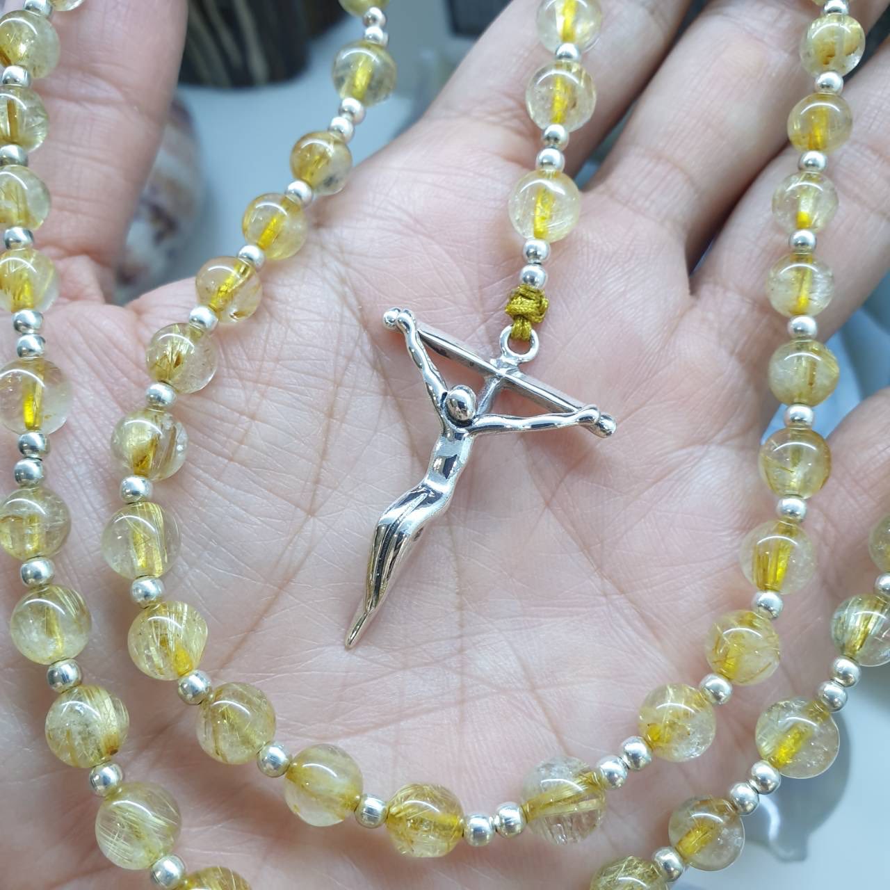 Rutilated Quartz Rosary Necklace Natural Stone Beads + Sterling Silver | Gift Idea for Him or Her 🎁