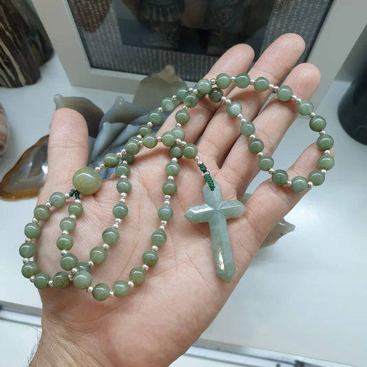 Jade Beaded Rosary (27.5 inch) | Type A Natural Jadeite Vintage Beads + Sterling Silver