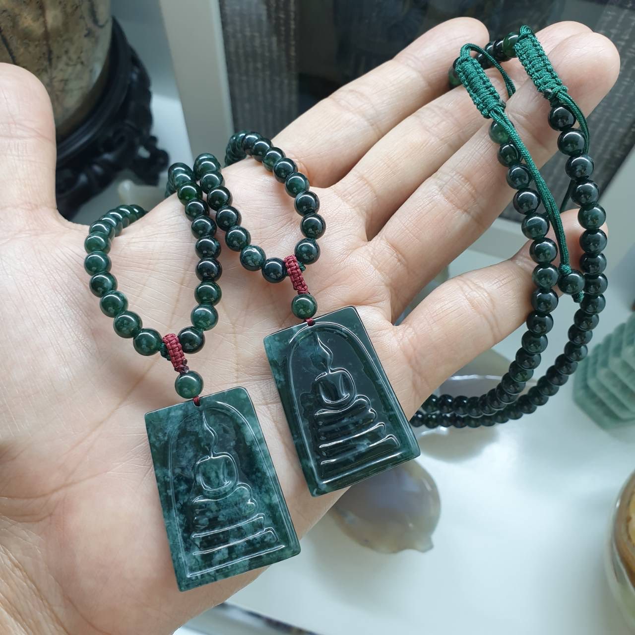 Blue Jade Buddha Beaded Necklace (27") | Fei Cui Type A Jadeite