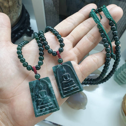 Blue Jade Buddha Beaded Necklace (27") | Fei Cui Type A Jadeite