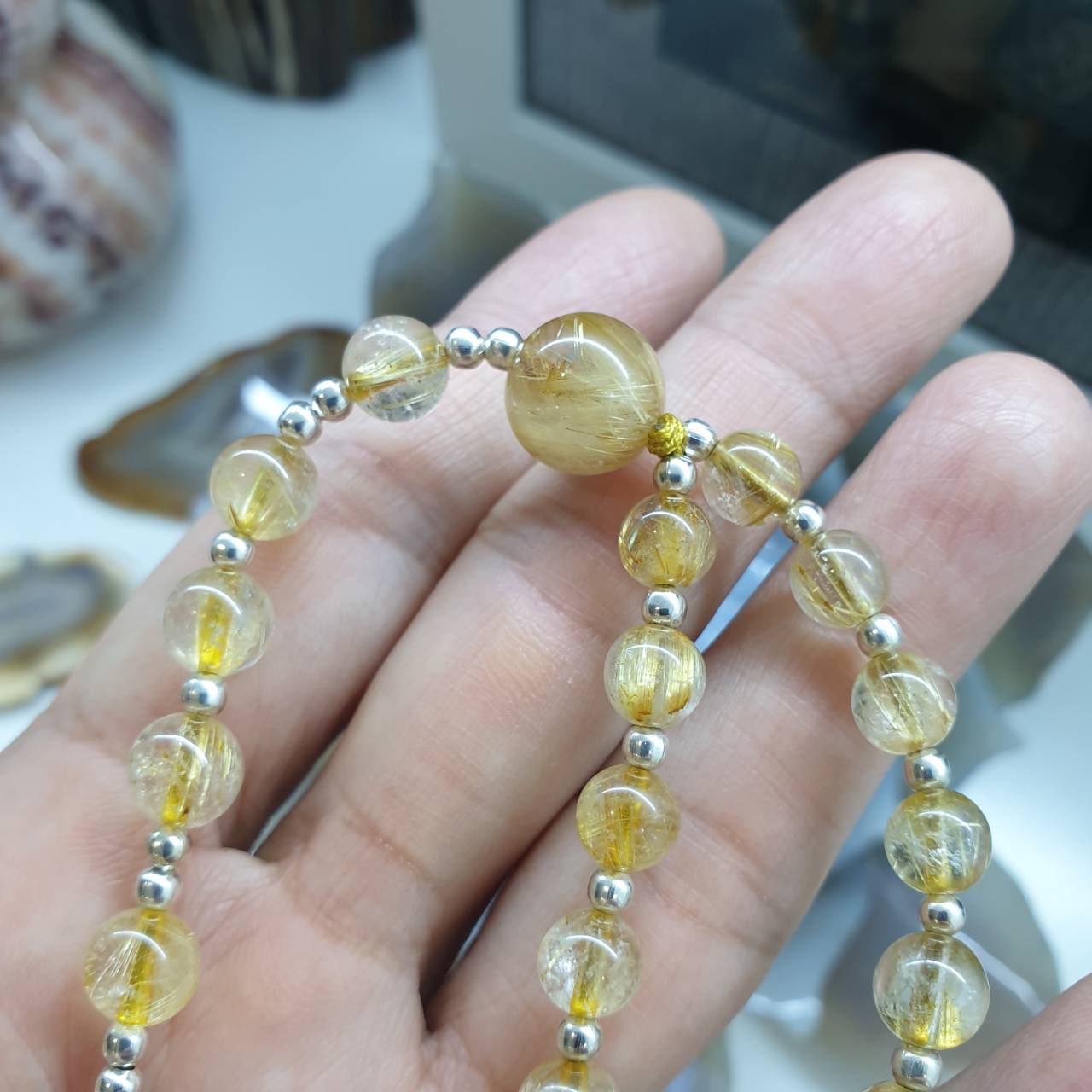 Rutilated Quartz Rosary Necklace Natural Stone Beads + Sterling Silver | Gift Idea for Him or Her 🎁