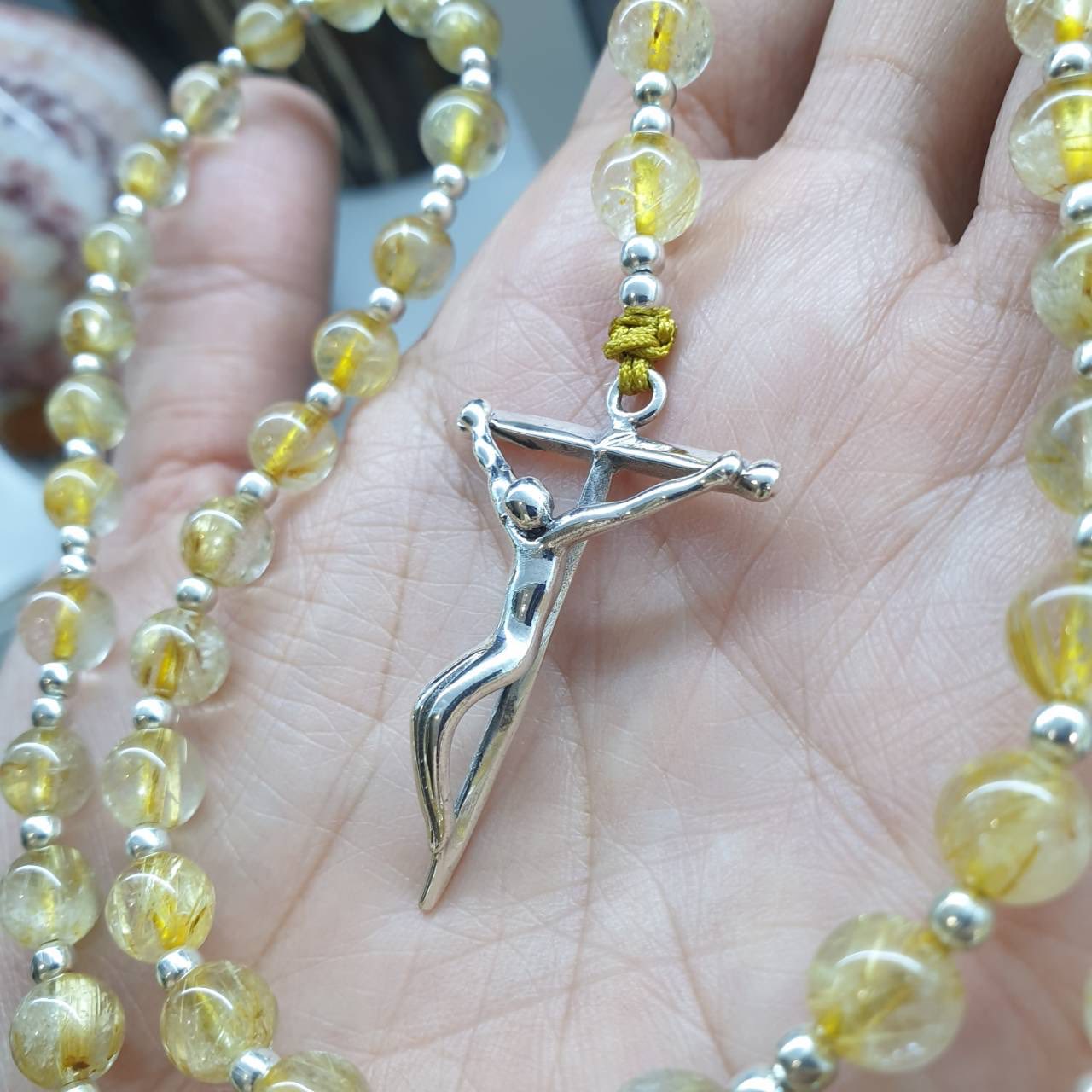 Rutilated Quartz Rosary Necklace Natural Stone Beads + Sterling Silver | Gift Idea for Him or Her 🎁