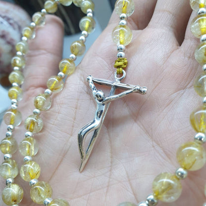 Rutilated Quartz Rosary Necklace Natural Stone Beads + Sterling Silver | Gift Idea for Him or Her 🎁