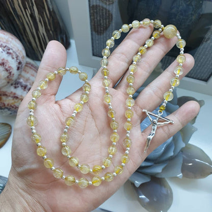 Rutilated Quartz Rosary Necklace Natural Stone Beads + Sterling Silver | Gift Idea for Him or Her 🎁