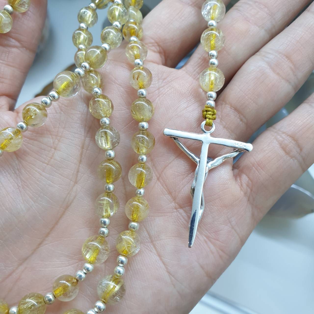 Rutilated Quartz Rosary Necklace Natural Stone Beads + Sterling Silver | Gift Idea for Him or Her 🎁