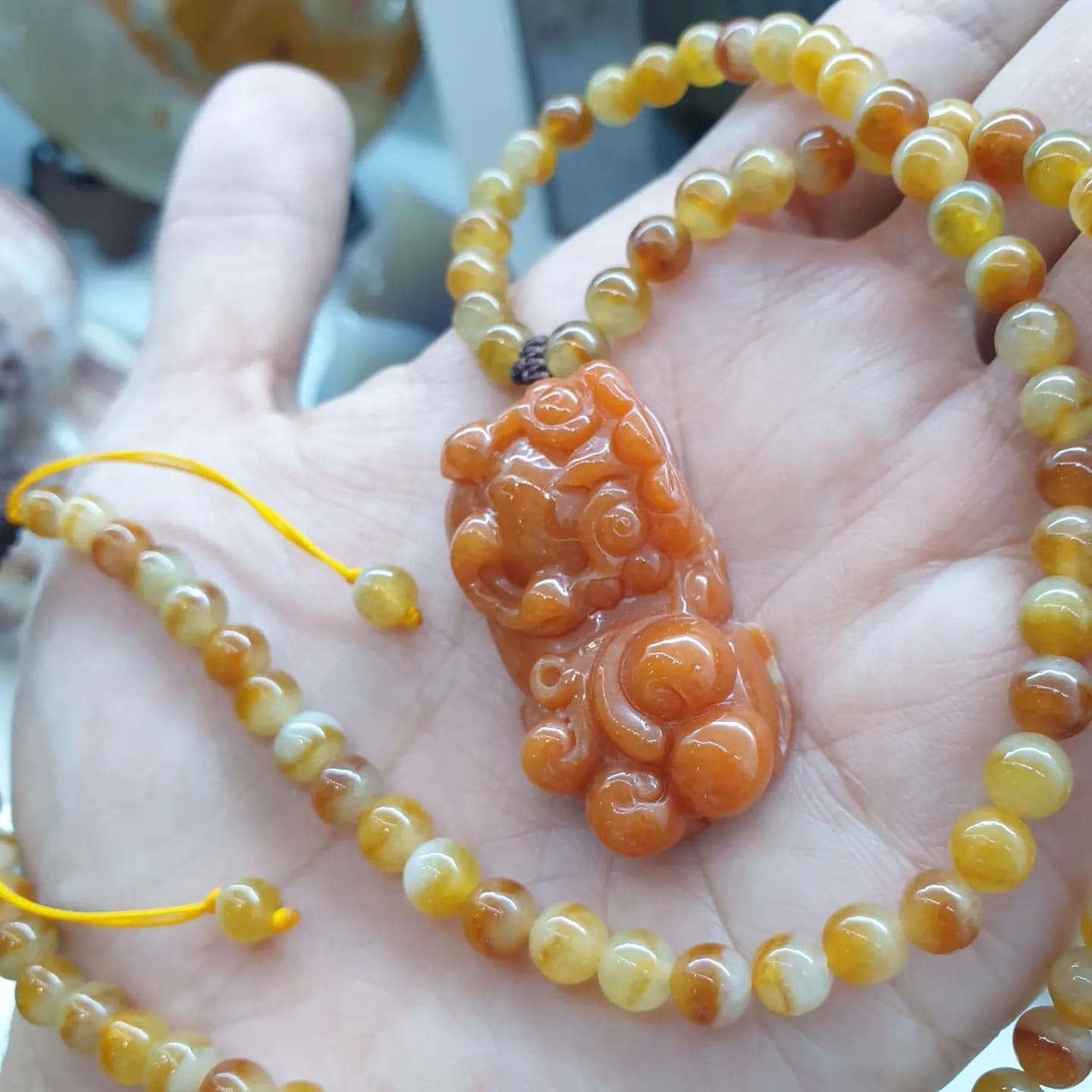 Orange Pixiu on Honey Jade Beaded Necklace (21") | Fei Cui Type A Jadeite Beads