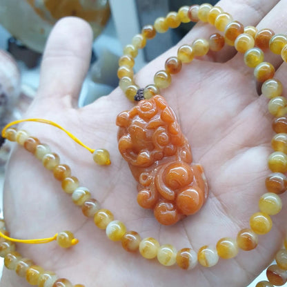 Orange Pixiu on Honey Jade Beaded Necklace (21") | Fei Cui Type A Jadeite Beads