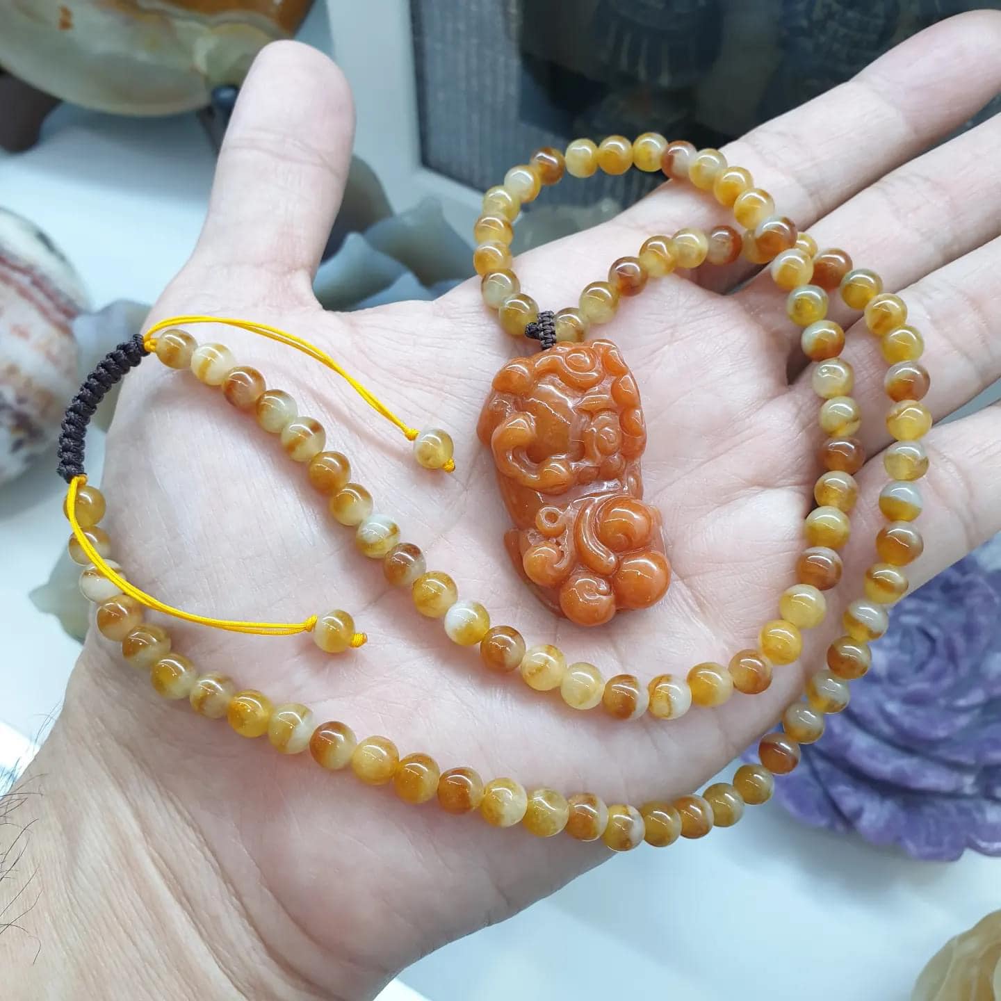Orange Pixiu on Honey Jade Beaded Necklace (21") | Fei Cui Type A Jadeite Beads