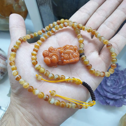 Orange Pixiu on Honey Jade Beaded Necklace (21") | Fei Cui Type A Jadeite Beads