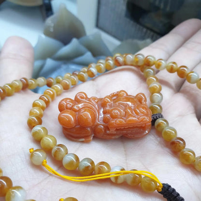Orange Pixiu on Honey Jade Beaded Necklace (21") | Fei Cui Type A Jadeite Beads