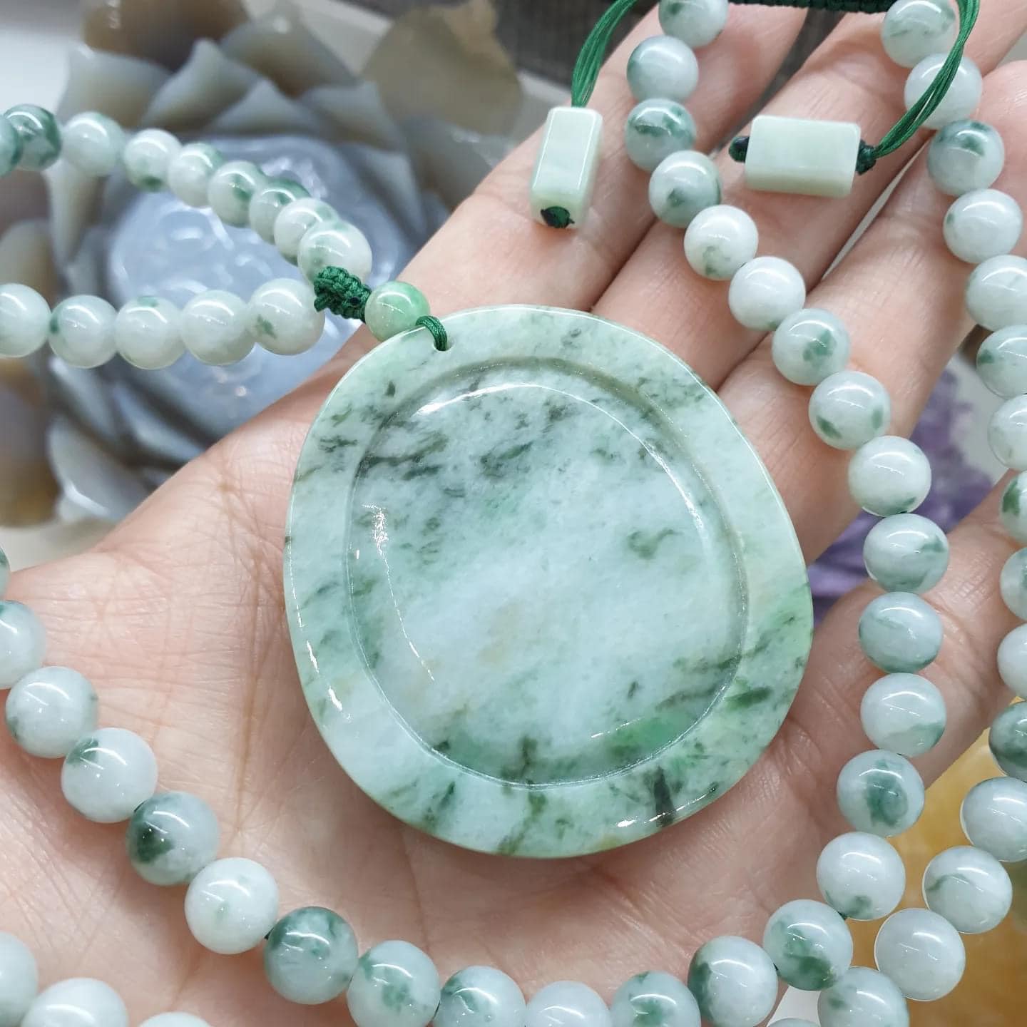 Jade Dragon on Moss in Snow Jade Beaded Necklace (27") | Fei Cui Type A Jadeite