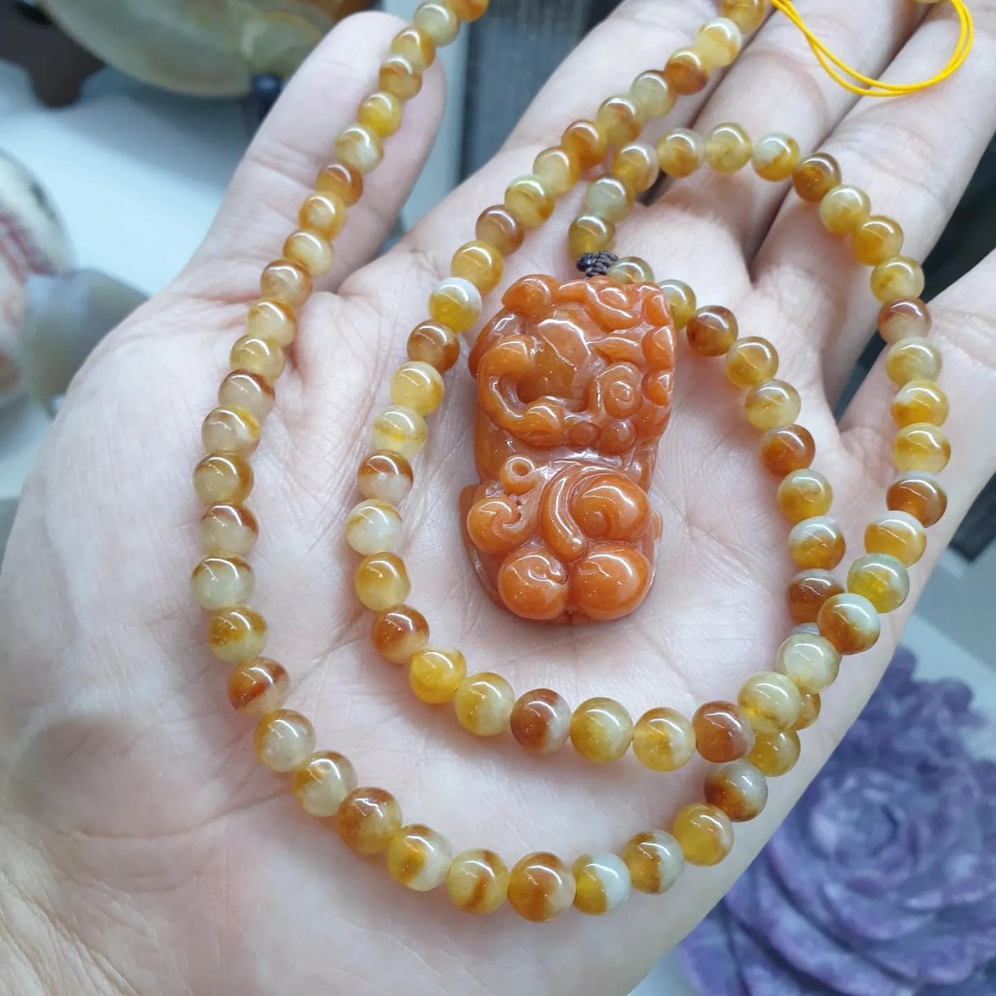 Orange Pixiu on Honey Jade Beaded Necklace (21") | Fei Cui Type A Jadeite Beads