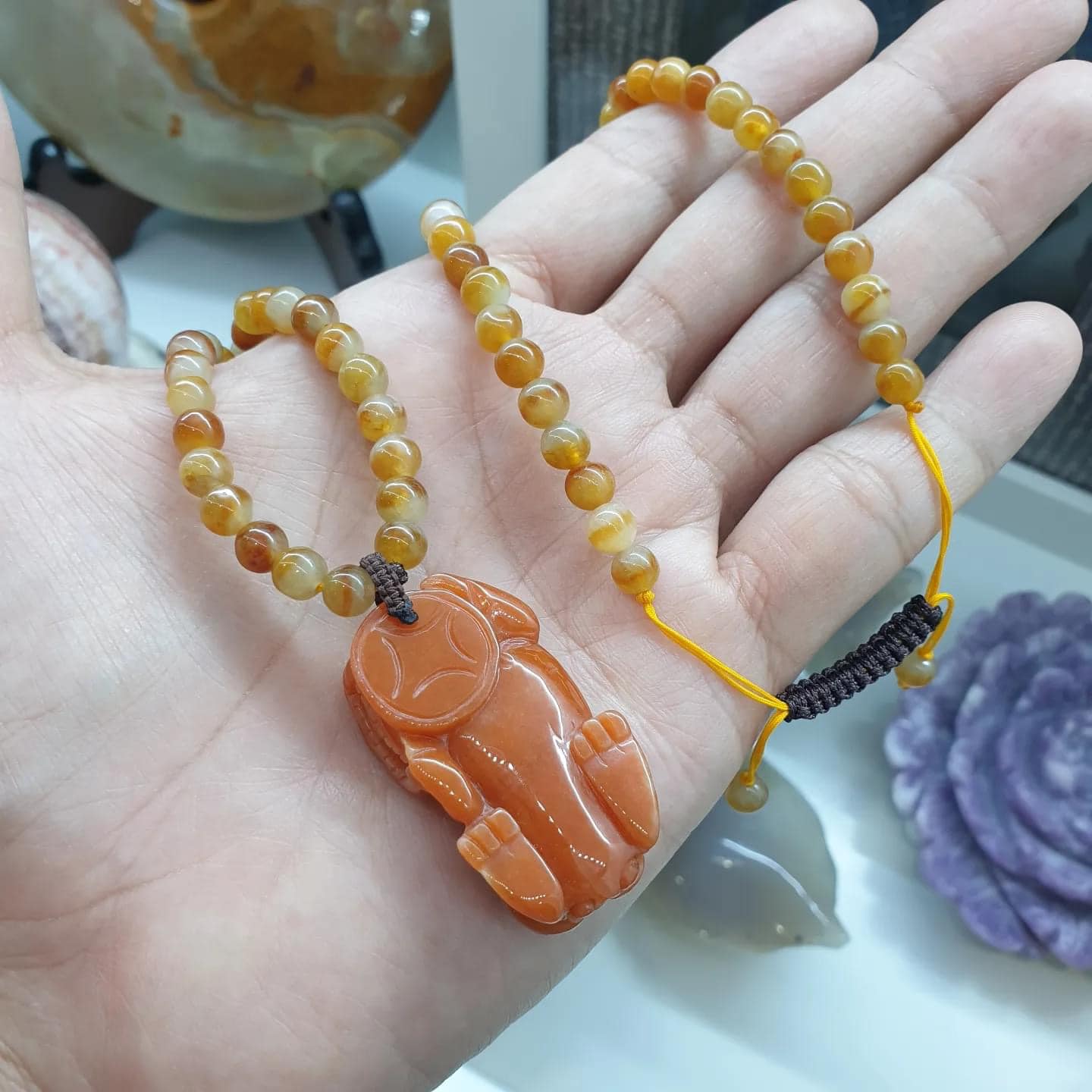 Orange Pixiu on Honey Jade Beaded Necklace (21") | Fei Cui Type A Jadeite Beads