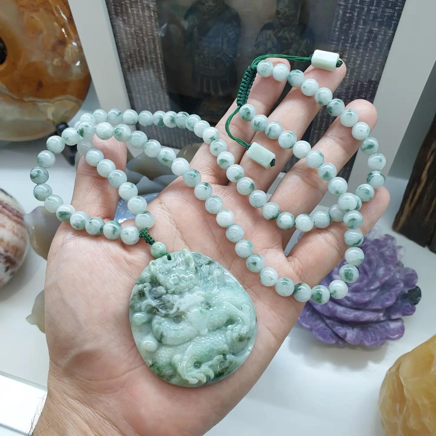 Jade Dragon on Moss in Snow Jade Beaded Necklace (27") | Fei Cui Type A Jadeite