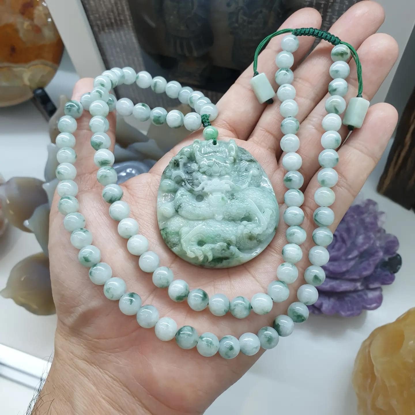 Jade Dragon on Moss in Snow Jade Beaded Necklace (27") | Fei Cui Type A Jadeite